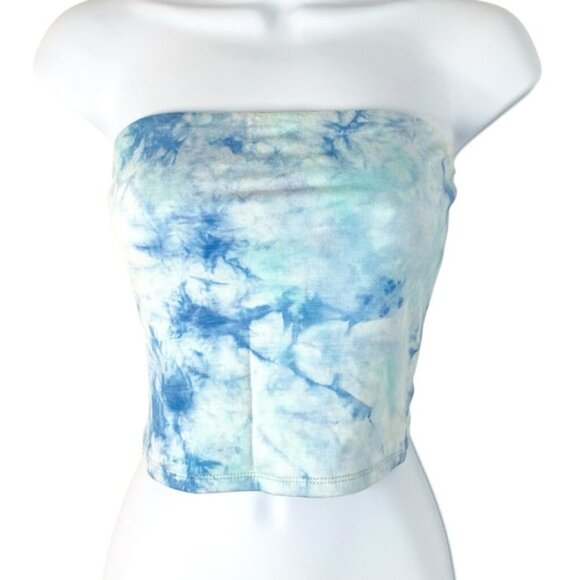 American Eagle Women’s Tube Cropped Top Blue Tie Dye Bandeau Strapless Small - Picture 2 of 12